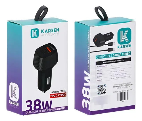 Cargador Para Auto Tipo C a Tipo C Karsen 38W